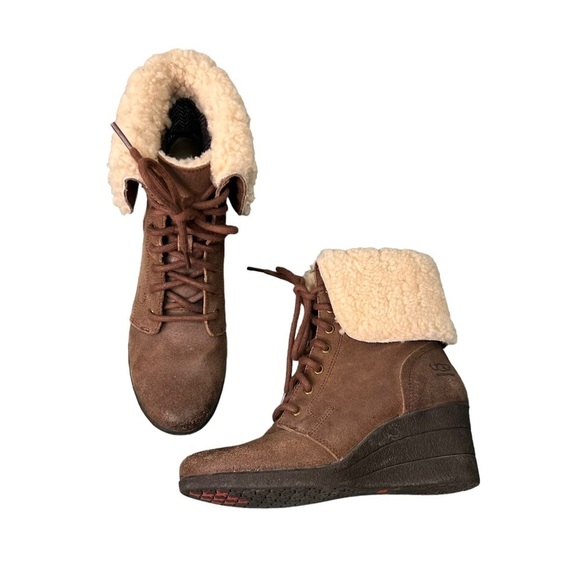 UGG Zea Chocolate Brown Wedge Ankle Shearling Boots Size 7 - Picture 2 of 16